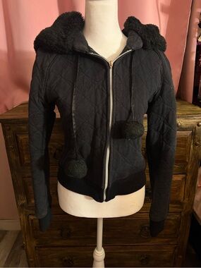 bebe Black Quilted Bomber Jacket with Faux Fur Hood